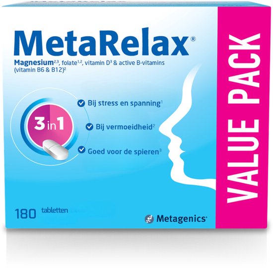 Verpakking MetaRelax 180 tabletten, 3-in-1 formule voor stress, vermoeidheid en spierfunctie.