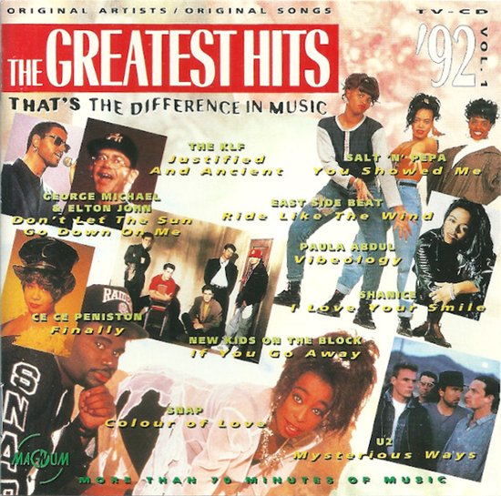CD-hoes van The Greatest Hits '92 met fotocollage van diverse artiesten uit de jaren 90.