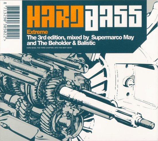 Cd-hoes Hard Bass Extreme met oranje en witte tekst en een zwart-witte technische illustratie van een versnellingsbak.