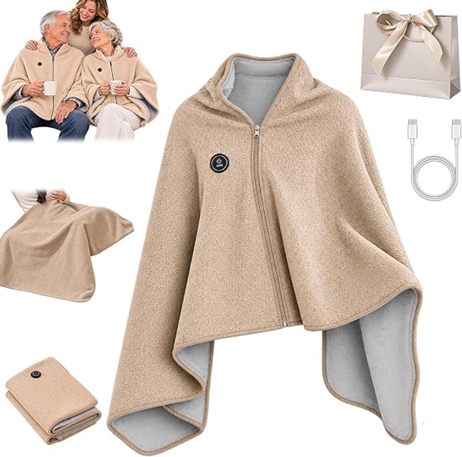 2027 New Heated Shawl Wraps for Women USB Wearable Blanket Cadeauverpakking Warme deken Abrikoos Voor baasjes en grootouders Grijs