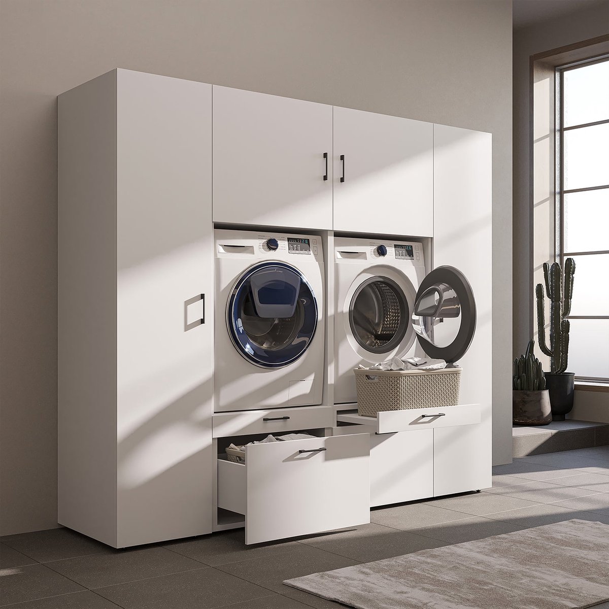 Roomart SERIE 2 Wasmachine Ombouwkast 224x205 cm - Kastenwand met 2 Hoge Kasten - Wit