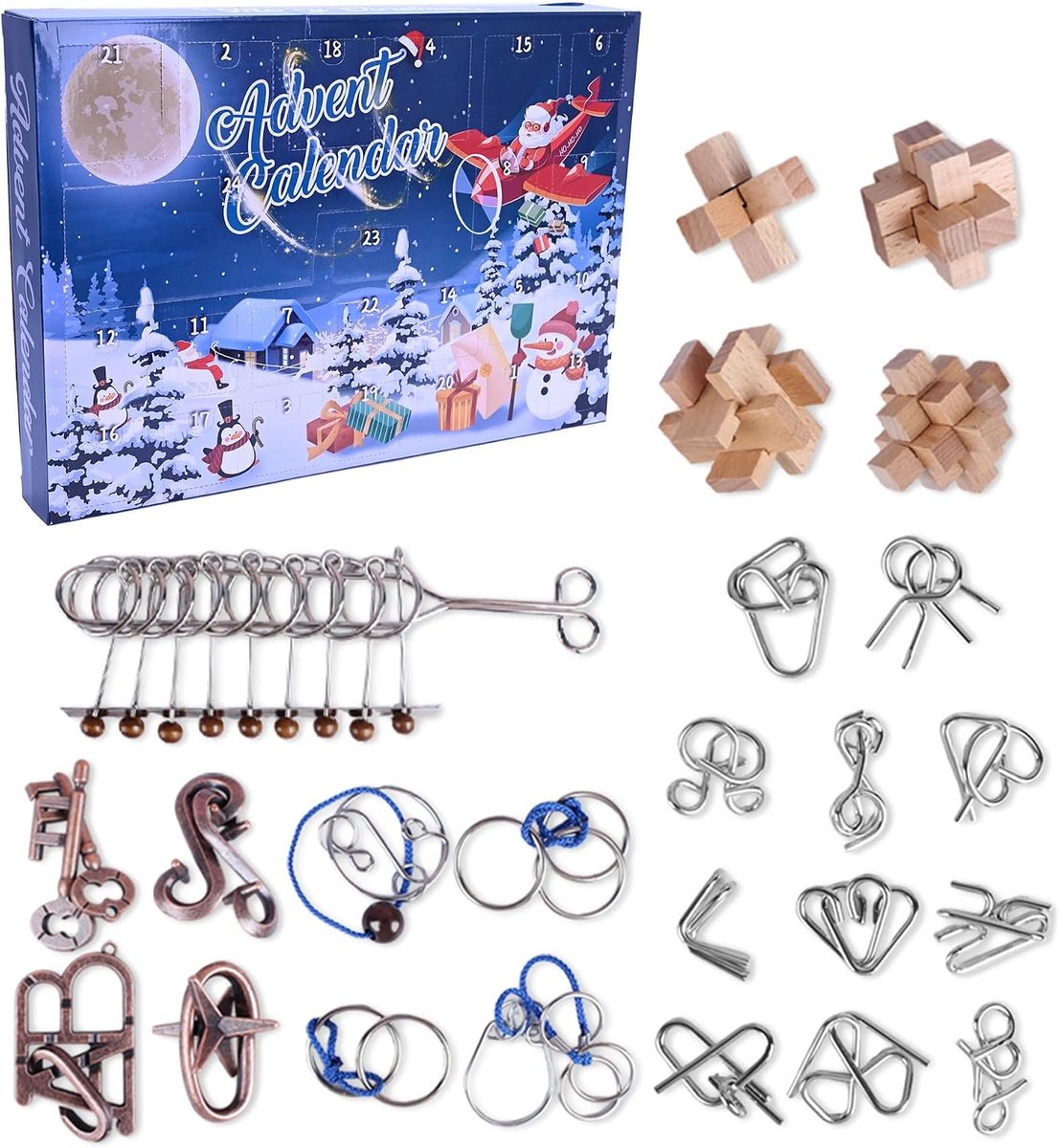 Adventskalender - 24 Dagen Kerstmis Countdown - Met 24 Puzzels - Metalen Ring Puzzels en Houten Breinbrekers - Voor Kinderen en Volwassenen - 1 stuk