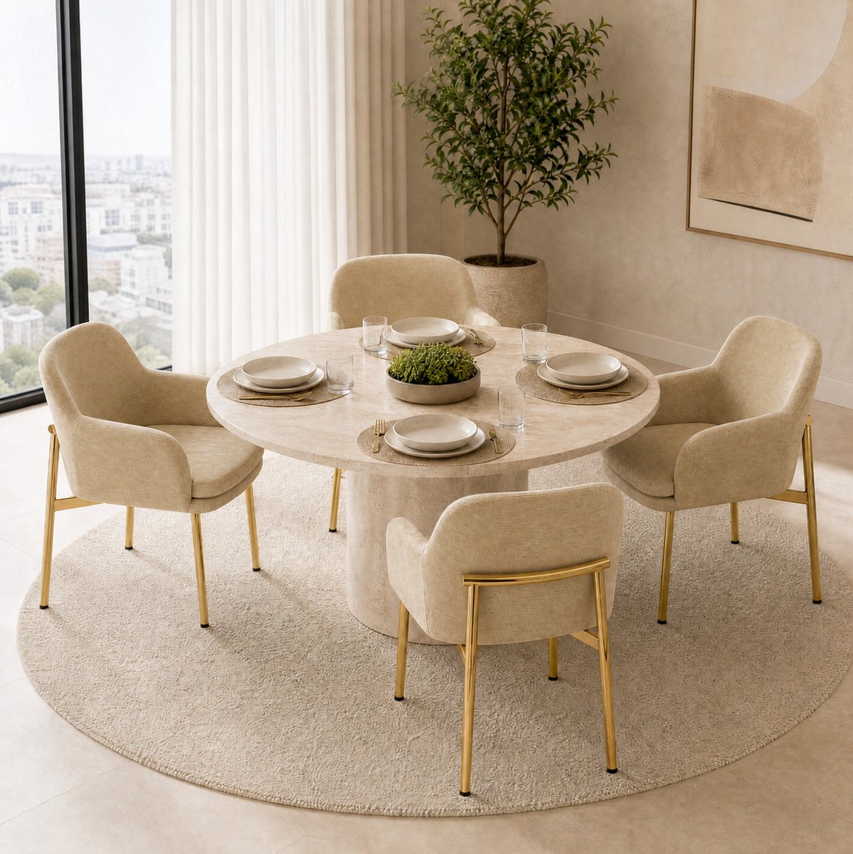FloraGrace Eetkamerstoelen Set Van 4 - Met Armleuningen En Gewatteerde Zitting - Voor Eetkamer En Keuken - Polyester En Metaal - Bruin Goudkleurig Beige