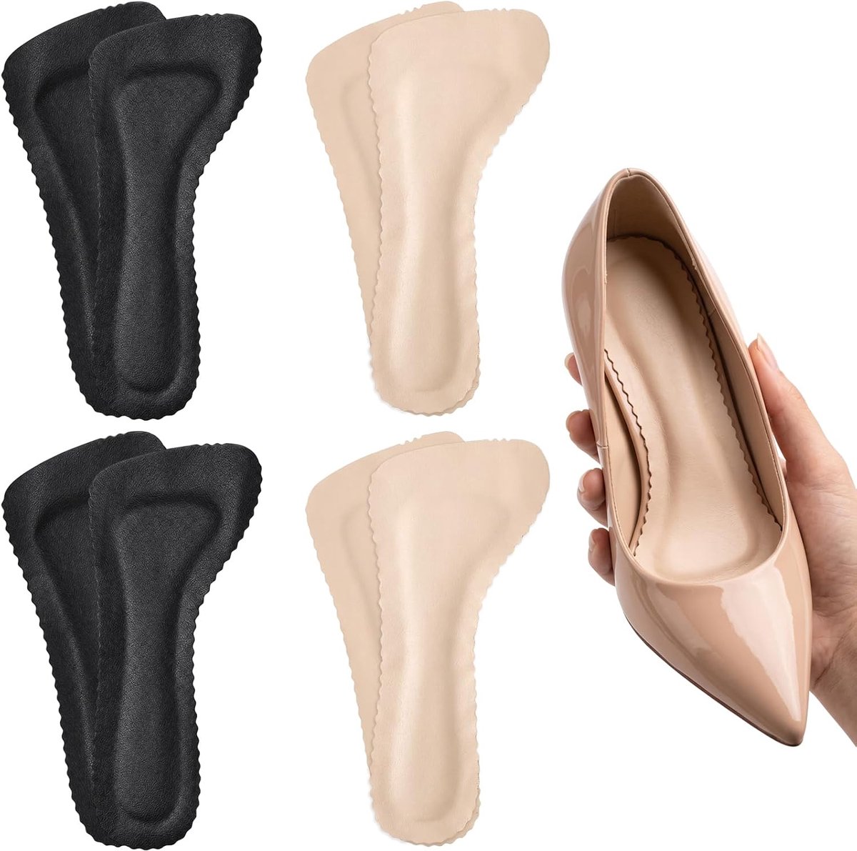 4 paar inlegzolen voor dames voor hoge hakken, 3/4 antislip inlegzolen, onzichtbare zelfklevende lederen inlegzolen, dempende inlegzolen voor pumps, hoge hakken, sandalen, plat, laarzen, huidskleur