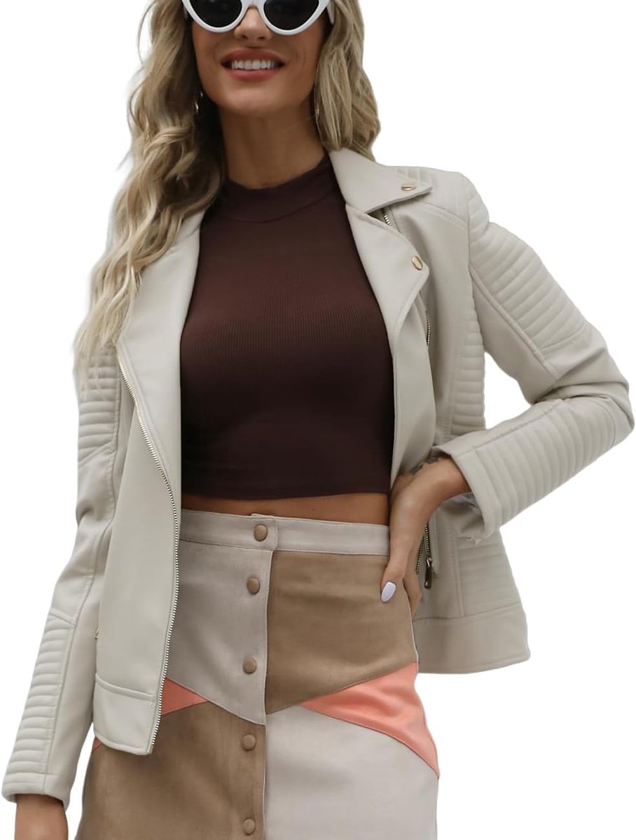 Faux Leren Jas Voor Dames, Zip Up Motorfiets Korte PU Moto Biker Jas Getailleerde Slanke Uitloper