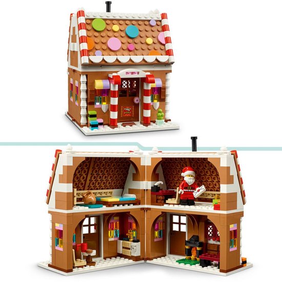 Een LEGO peperkoekhuis met witte en bruine strepen en veelkleurige ronde decoraties op het dak. Het huis opent om een gedetailleerd interieur te onthullen.