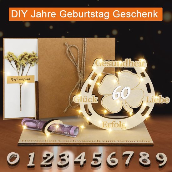 60e verjaardag vrouw man, 60 geldgeschenken verjaardag voor vrouw man, led klaverblad geluk 60e verjaardag geschenken, cadeaus voor 60e verjaardag, decoratie houten gastenboek (40) — afbeelding 3