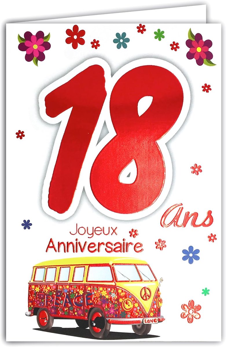 69-2119 Kaart, opschrift "Joyeux Anniversaire", 18 jaar, meisjes, dames, volwassenen, voornamelijk rijbewijs, auto, cadeau, make-up, vlinders
