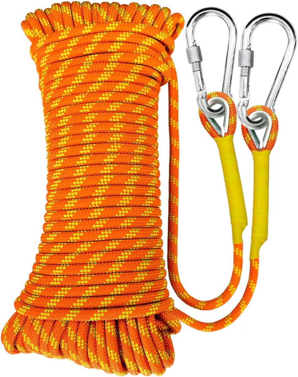 70m Statisch Touw 12mm Outdoor Bergbeklimmen Touw met 2 Stalen Haken Heavy Duty Voor Reddingsboten Parachutes Wandelen Camping UIAA Certificering Fluorescent Oranje