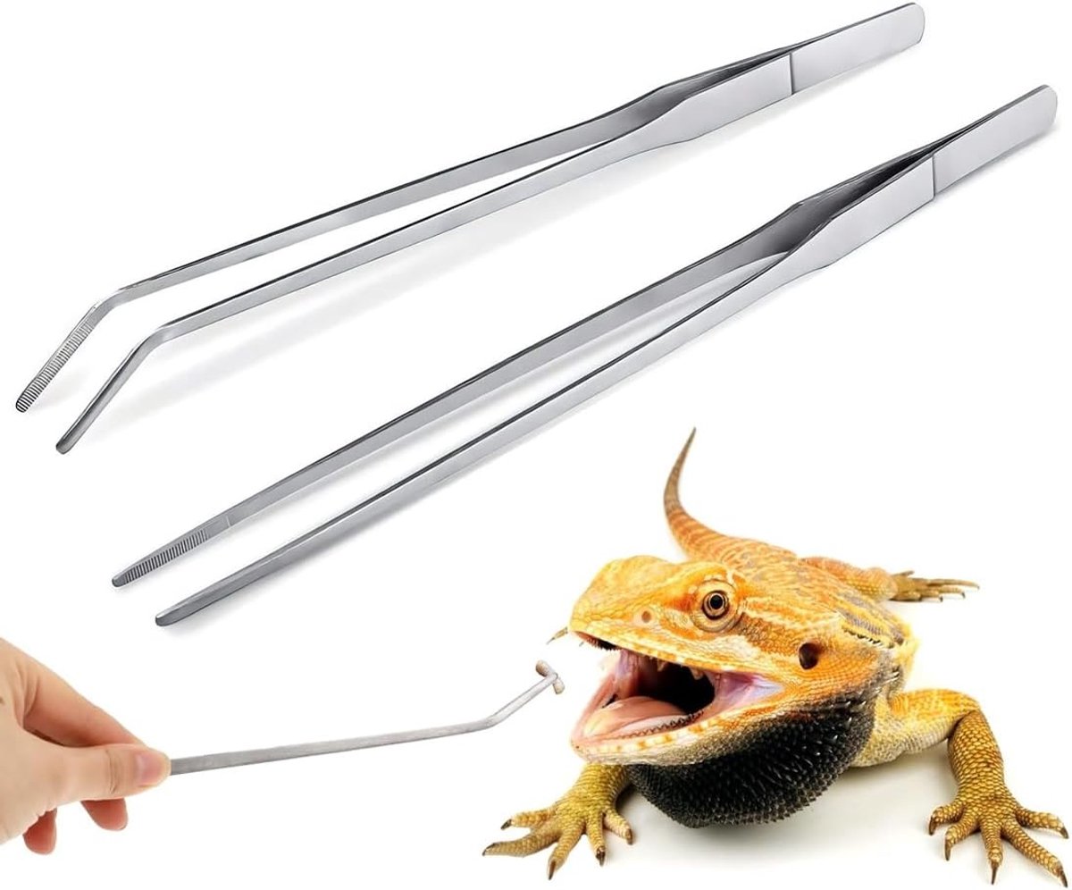 2 stuks reptielen-voedertangen van roestvrij staal, extra lang, 26,9 cm, recht en gebogen pincet van rubber, gereedschap voor terrarium, zilver
