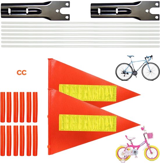 Oranje fietsvlaggen met reflecterende banden, bevestigingsbeugels, stokken, een fiets en een kinderfiets.