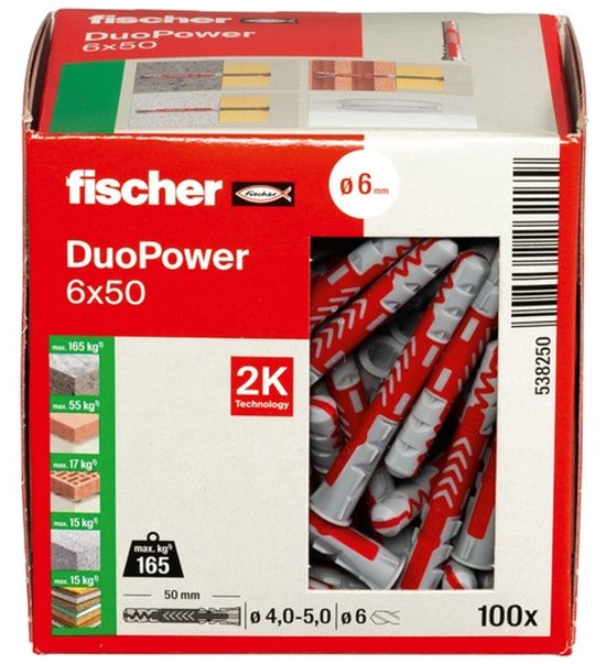 Een doos Fischer DuoPower pluggen 6x50mm, met aan de zijkant een afbeelding van 100 pluggen.