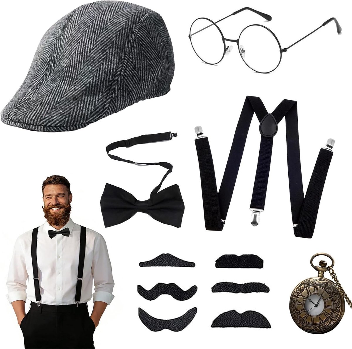 1920s Carnaval Kostuum voor Mannen met Panama Hoed, Braces, Zakhorloge en Accessoires