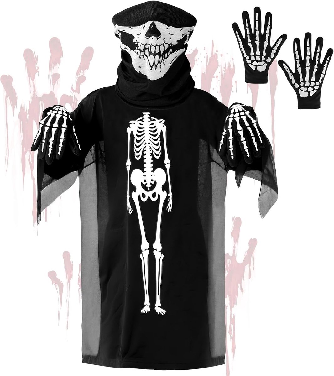 Hein Kostuum Kinderen 3 Stuks Skelet Gewaad Schreeuw Kostuum Dood Hein Cape Kostuum Skelet Hooded Mantel Enge Schreeuw Dood Halloween Kostuum Magere Hein Outfit Fancy Dress voor Jongens