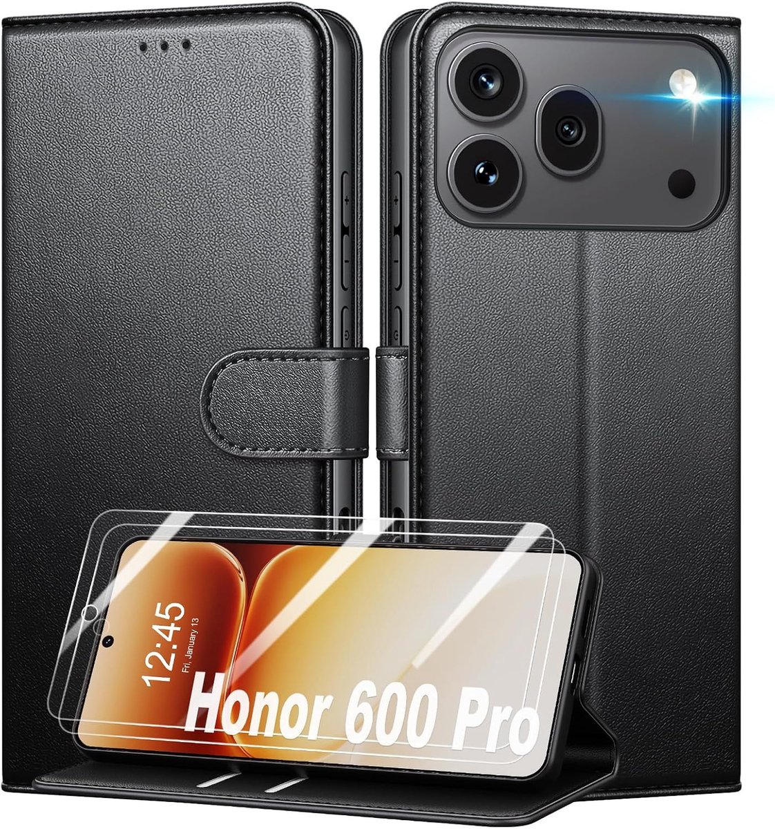 Hoesje voor Honor 600/600 Pro 5G + 2 stuks gehard glas, [RFID-blokkering] premium PU-lederen beschermhoes, [kaartsleuven] portemonnee flip case - zwart