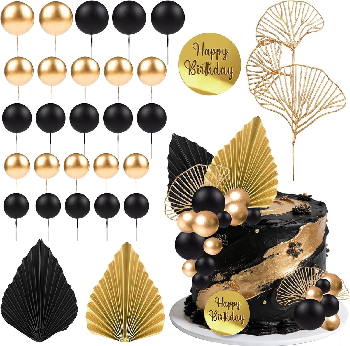 25 stuks schuimrubberen balletjes als taarttopper, verjaardagstaartdecoratie: palmbomen en ginkgoblaadjes, boho taarttopper, voor verjaardagsfeestjes, bruiloften en babyborr (Zwart en goud)
