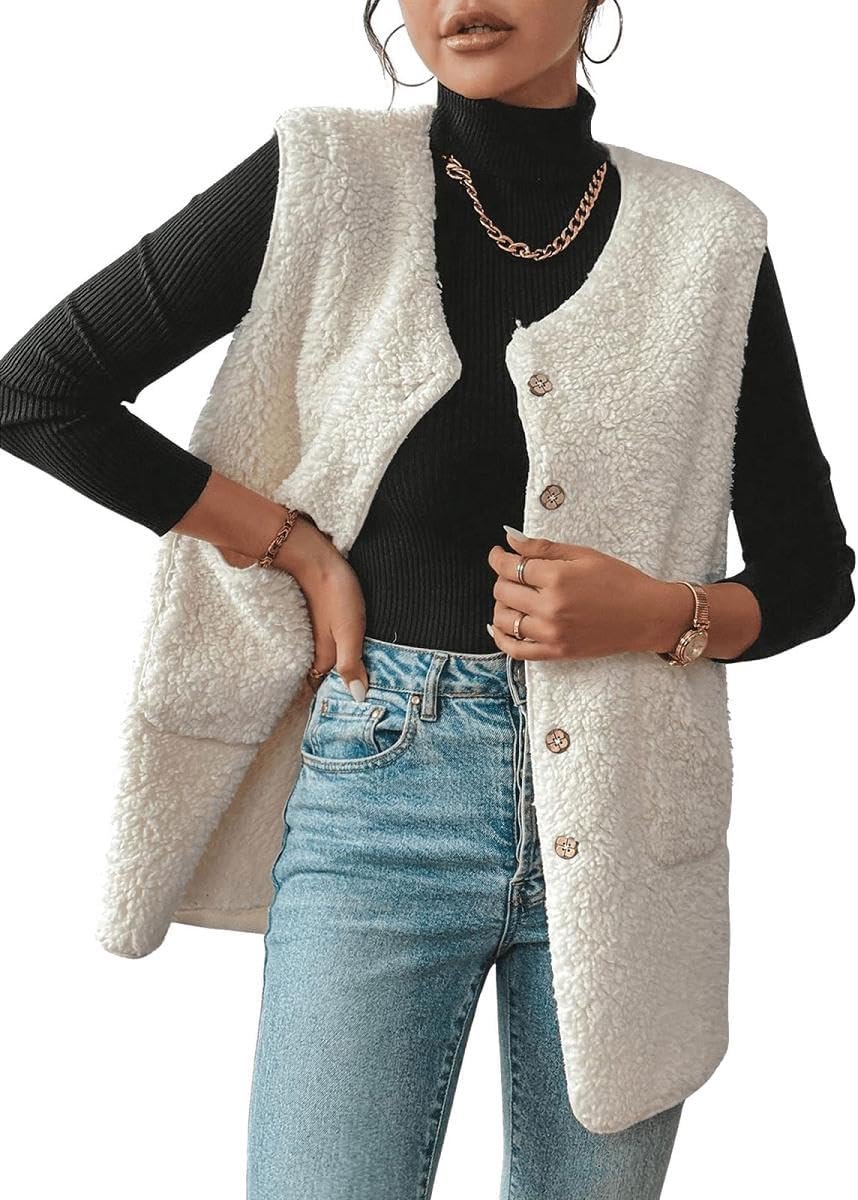 Teddy Fleece Lange Gilets Effen Body Warmer Winter Warm Gewatteerde Vest Mouwloze Vesten Tops Button Down Loose Fit Fleece Outwear Jas met Zakken