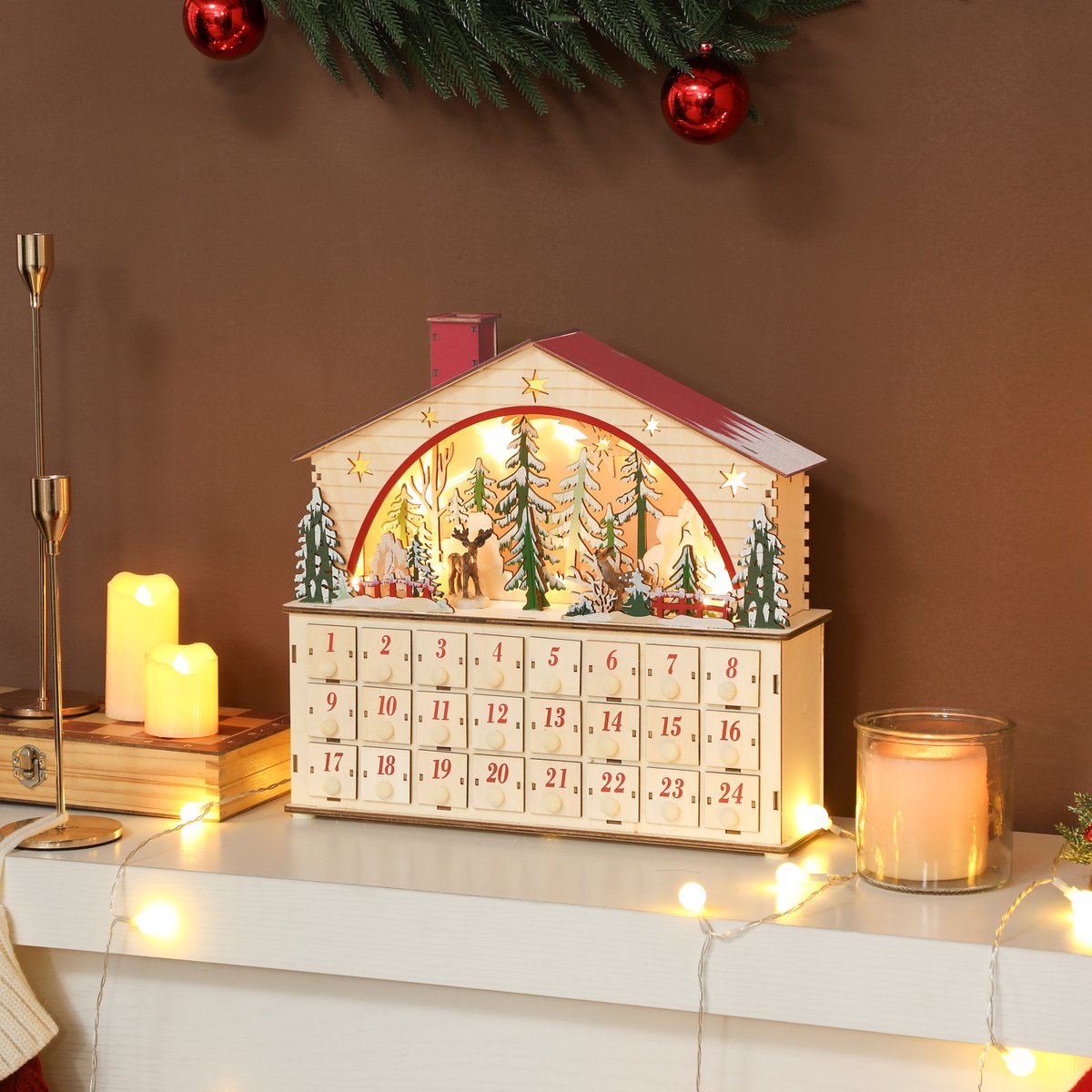 TEKROA® Vulbare adventskalender – Kerstkalender met 24 lades en ledverlichting – Natuurlijk hout – 36 x 10 x 34 cm
