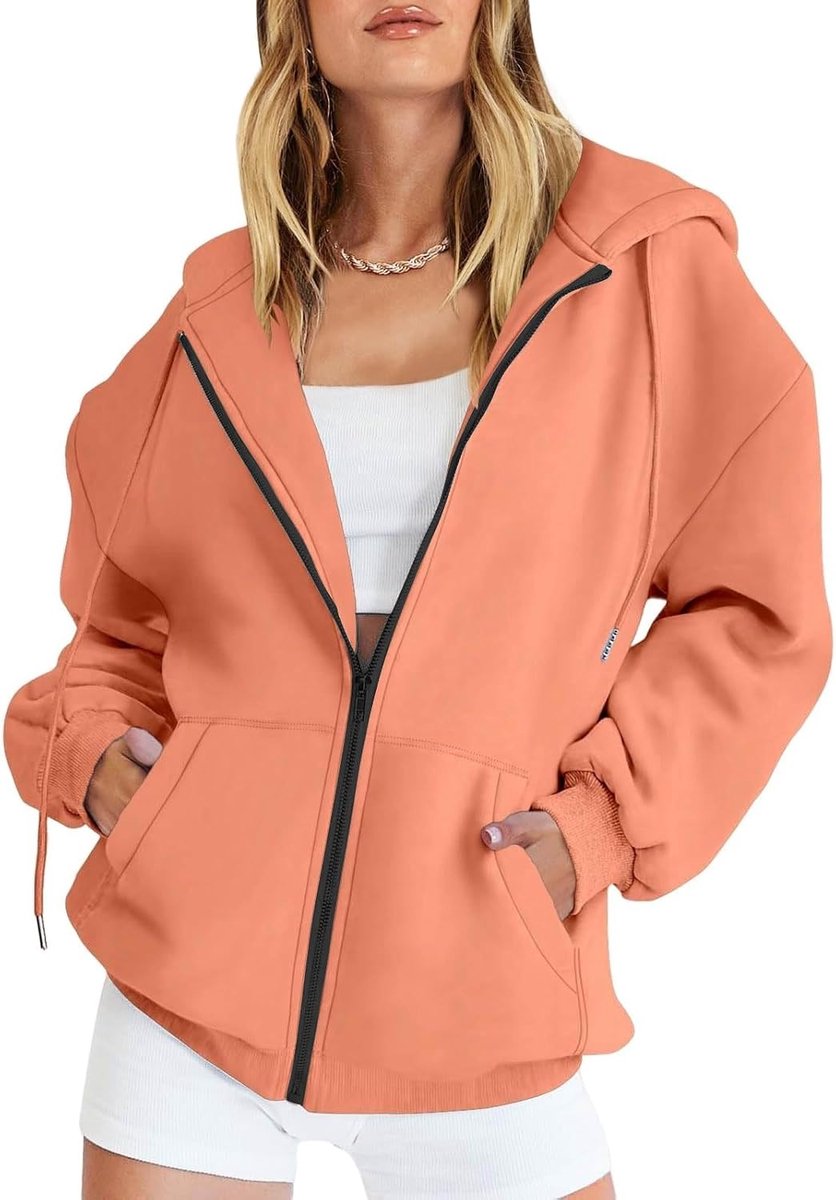 Casual capuchontrui met zak en ritssluiting voor dames, effen kleur