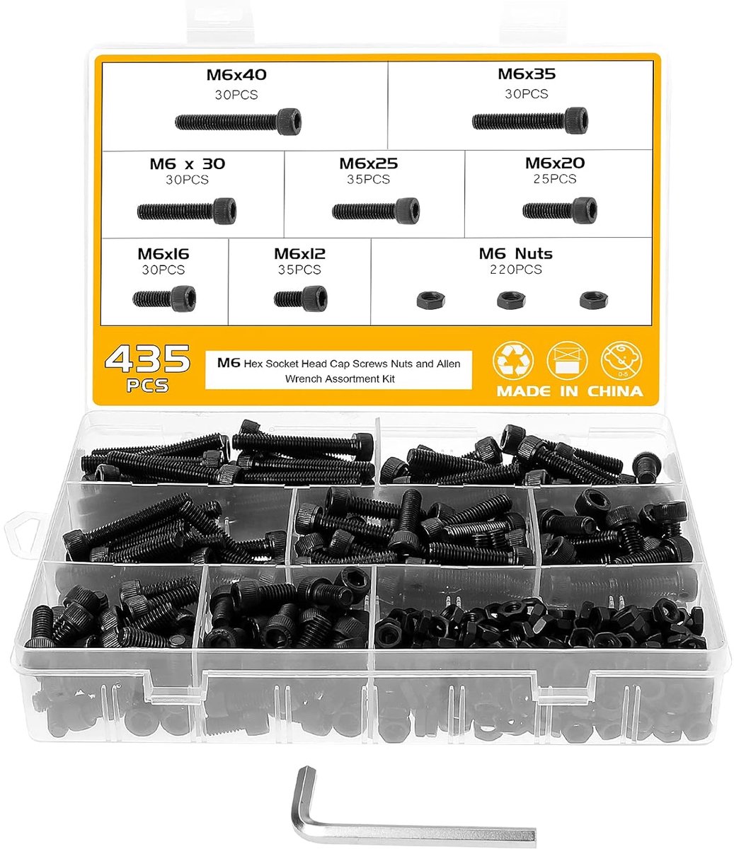 435 stuks M6 inbusbouten met binnenzeskant schroevenset, zeskantschroeven met moeren 12,9 koolstofstaal, binnenzeskant cilinderschroeven moeren set