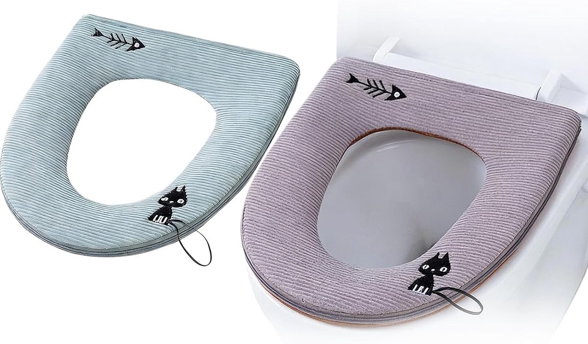 2 stuks dikkere zachte wc-brilhoes, toiletbrilhoes met handvat en ritssluiting, waterdichte antibacteriële wc-dekselhoes, voor de meeste wc-brillen, 43 x 37 cm, kitten 1