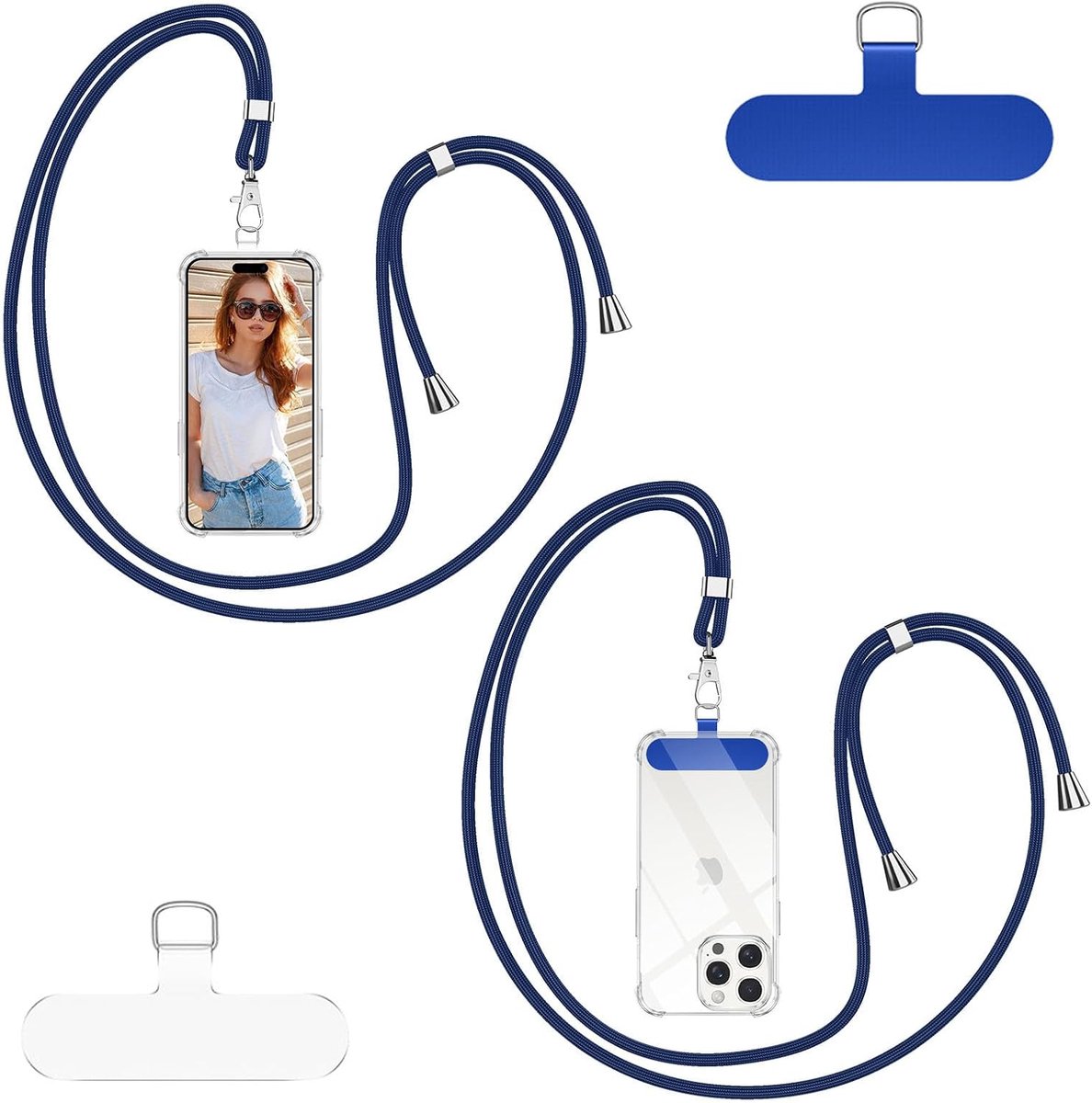 Telefoonkoord, met 2 patches, universele riem, halsband voor telefoon, verstelbaar en afneembaar, compatibel met de meeste telefoonhoesjes (blauw)