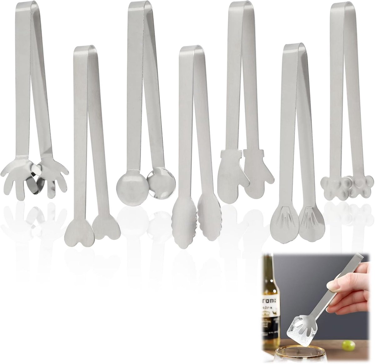 7 stuks zilveren suikertangen van roestvrij staal, compacte keukentang, 12 cm, voor het grijpen van ijsblokjes, gebak en salades, geschikt voor bruiloften, buffetten, picknicks en dagelijks gebruik