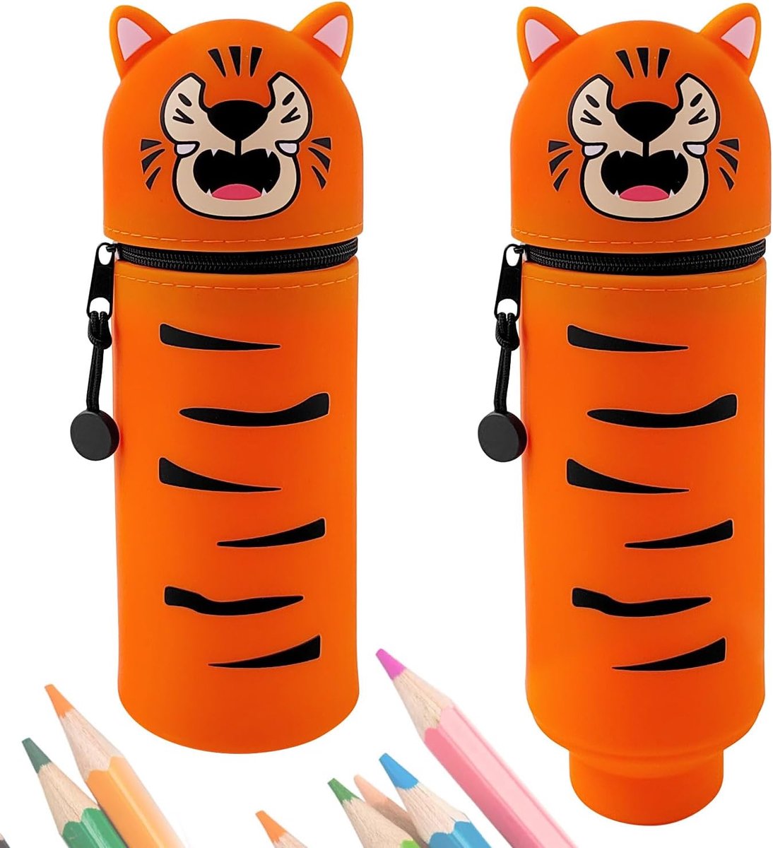 2-in-1 zachte siliconen tas, Kawaii pennenetui, met ritssluiting, kan staan, pennenetui van siliconen, tijgerpenhouder, tafelpennenhouder, schattig etui, oranje, 19 x 6.6 x 6.5 cm