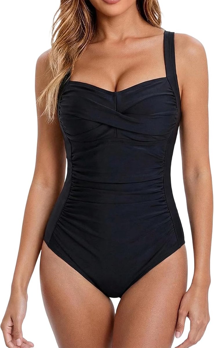 Badpak Dames Buikweg Corrigerend Vintage Geplooid Monokini met Uitneembare Cups