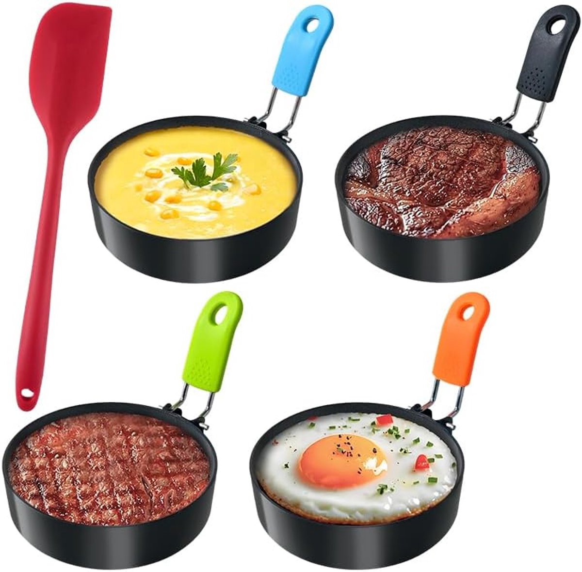 Set van 4 eiervormen van 9 cm met siliconen spatel van 21 cm, krasbestendig losmaken zonder mes, roestvrijstalen eierringen, antiaanbaklaag voor braadpan, pannenkoekvorm, hamburgers