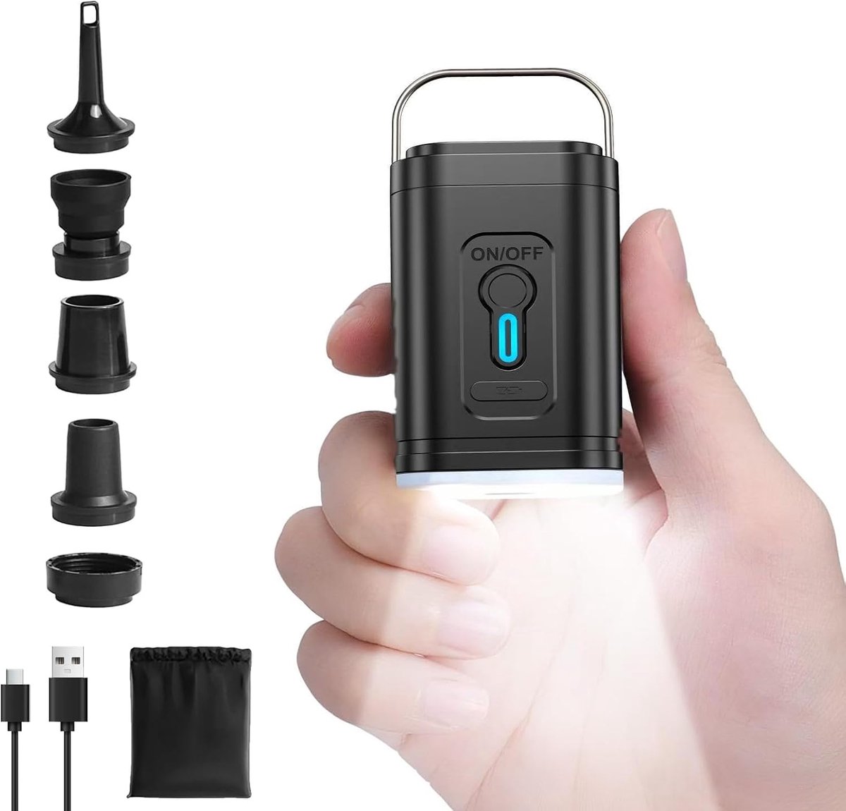 Elektrische luchtpomp met 2400 mAh accu en 5 sproeiers – snel opblazen/leeg laten lopen, mini-draagbare elektrische pomp met ledlamp voor luchtmatras, zwembad, vacuümzak, camping, oplaadbaar