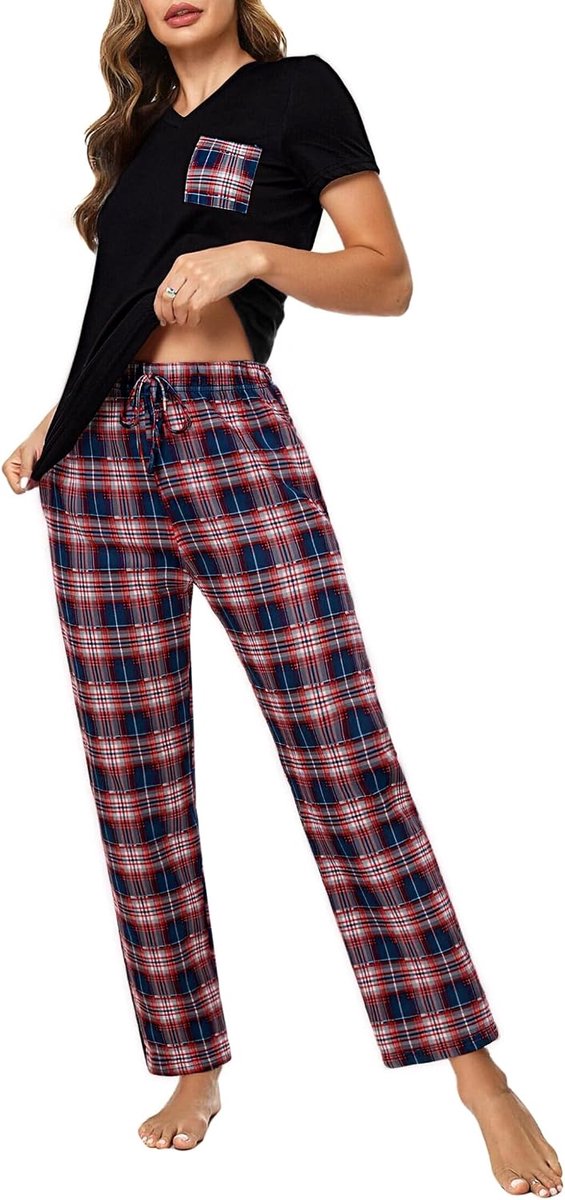 Pyjama voor dames, zomer, katoen, pyjamaset voor dames, V-hals, 2-delig, zachte nachtkleding, T-shirt met korte mouwen en geruite broek, S-XXL