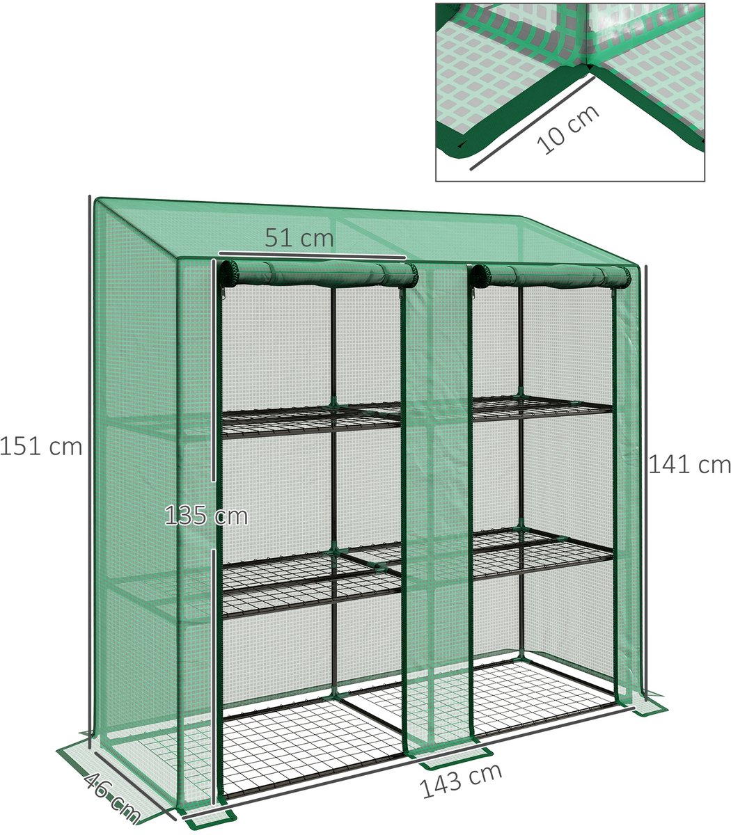 Kas 143×46×151 cm groen metaal en kunststof, 3-laagse kas, kweekkas, plantenkas voor jonge planten, stevig en duurzaam, eenvoudig design, praktisch en mooi, geschikt voor balkon, tuin en terras – foto 6