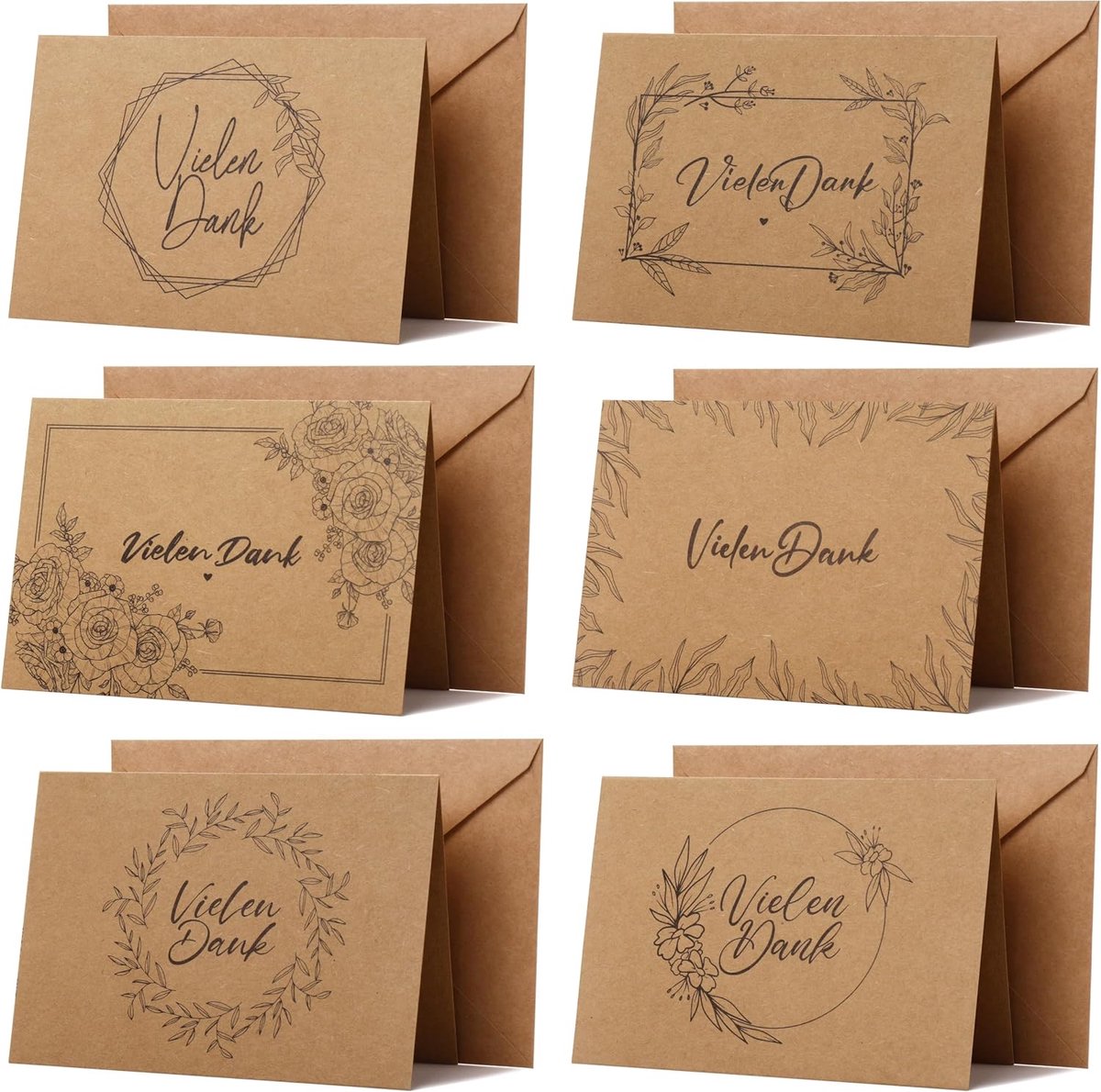 36 bedankkaarten met enveloppen, hartelijk dank, kraftpapier, 6 motieven, DIN A6