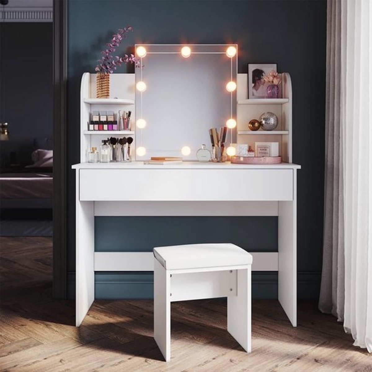 Witte make-uptafel - Met verlichting en spiegel - Multifunctionele kaptafel - Met kruk en opbergruimte