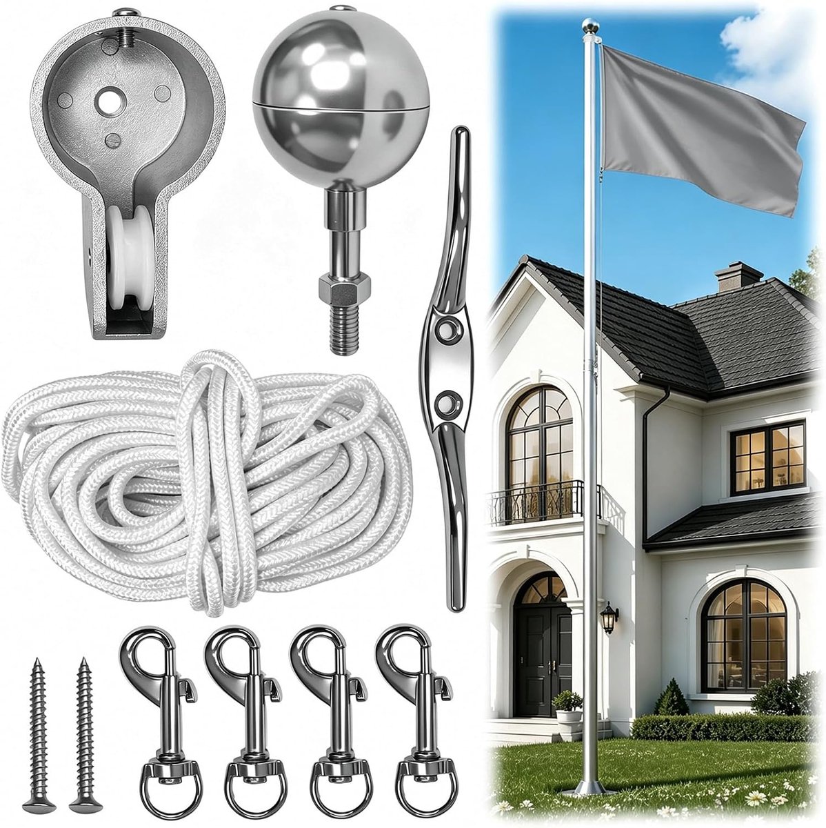 Reparatieset Voor Vlaggenmasten Met Aluminium Kogel - Inclusief Reservetouw, Karabijnhaak, Klem En Touwtopper Voor - ShopVlot