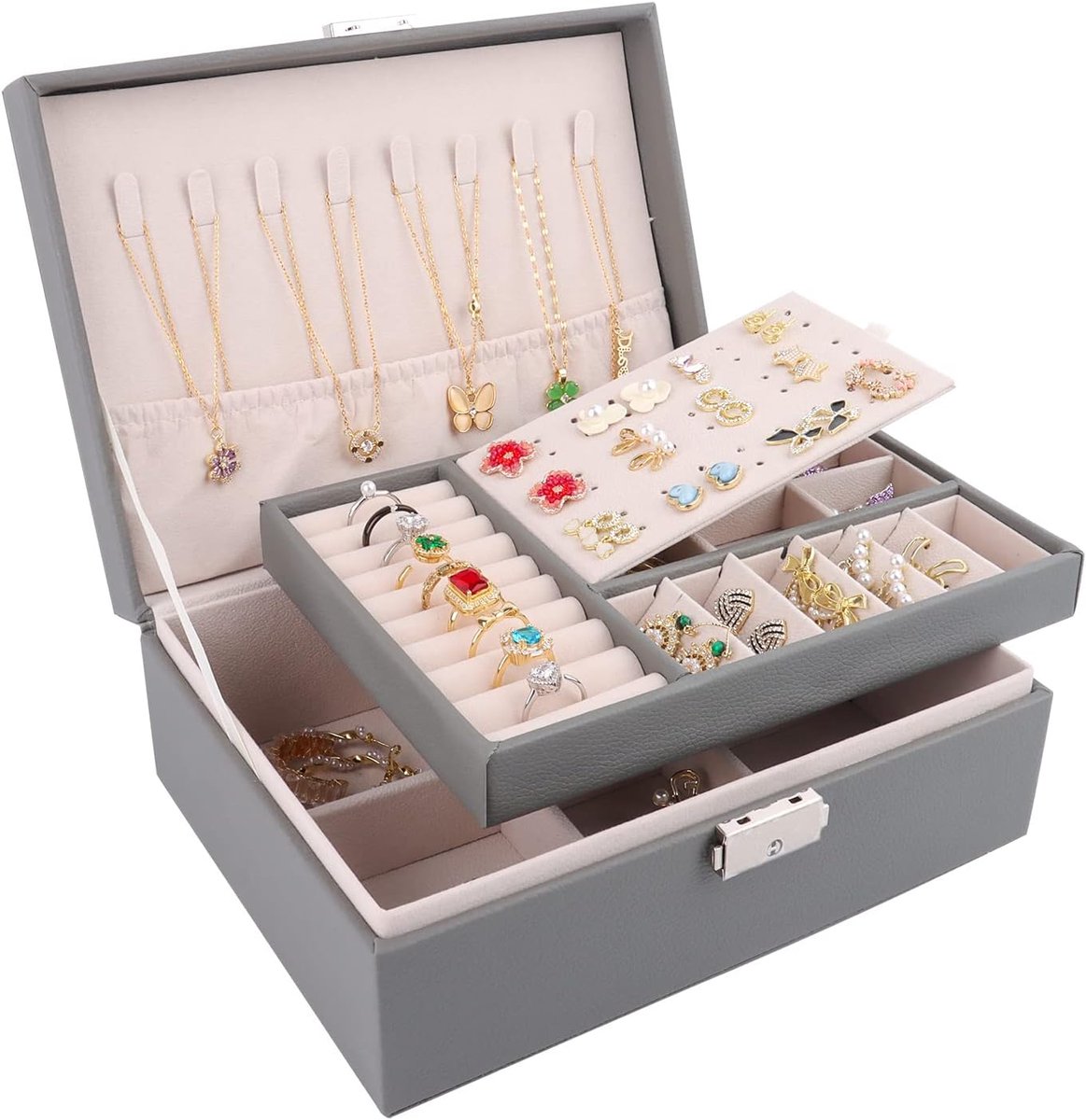 Talifoca Women's Jewellery Box, 2 Layers, PU Leather, Jewellery Organiser Box for Earrings, Rings, Earrings, Bracelets - ShopVlot