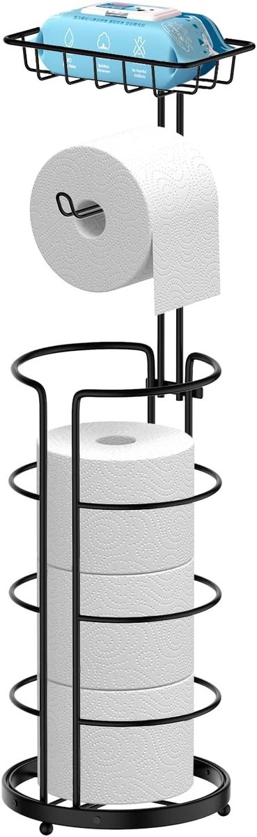 Moderne Staande Toiletpapierhouder van Metaal zonder Boren, Inclusief Plank voor Mega Rollen en Mobiele Telefoon (Zwart)
