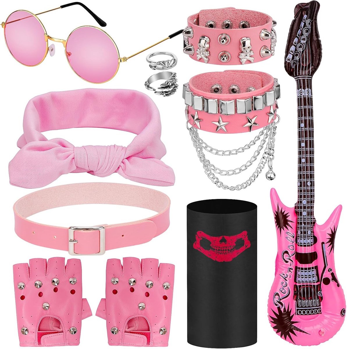 11-delige Punk Gothic Rocker Kostuumset met Rokkenaccessoires, Valse Tattoo Mouwen, Bandana en Ringen voor 70s, 80s en 90s Heavy Metal Look