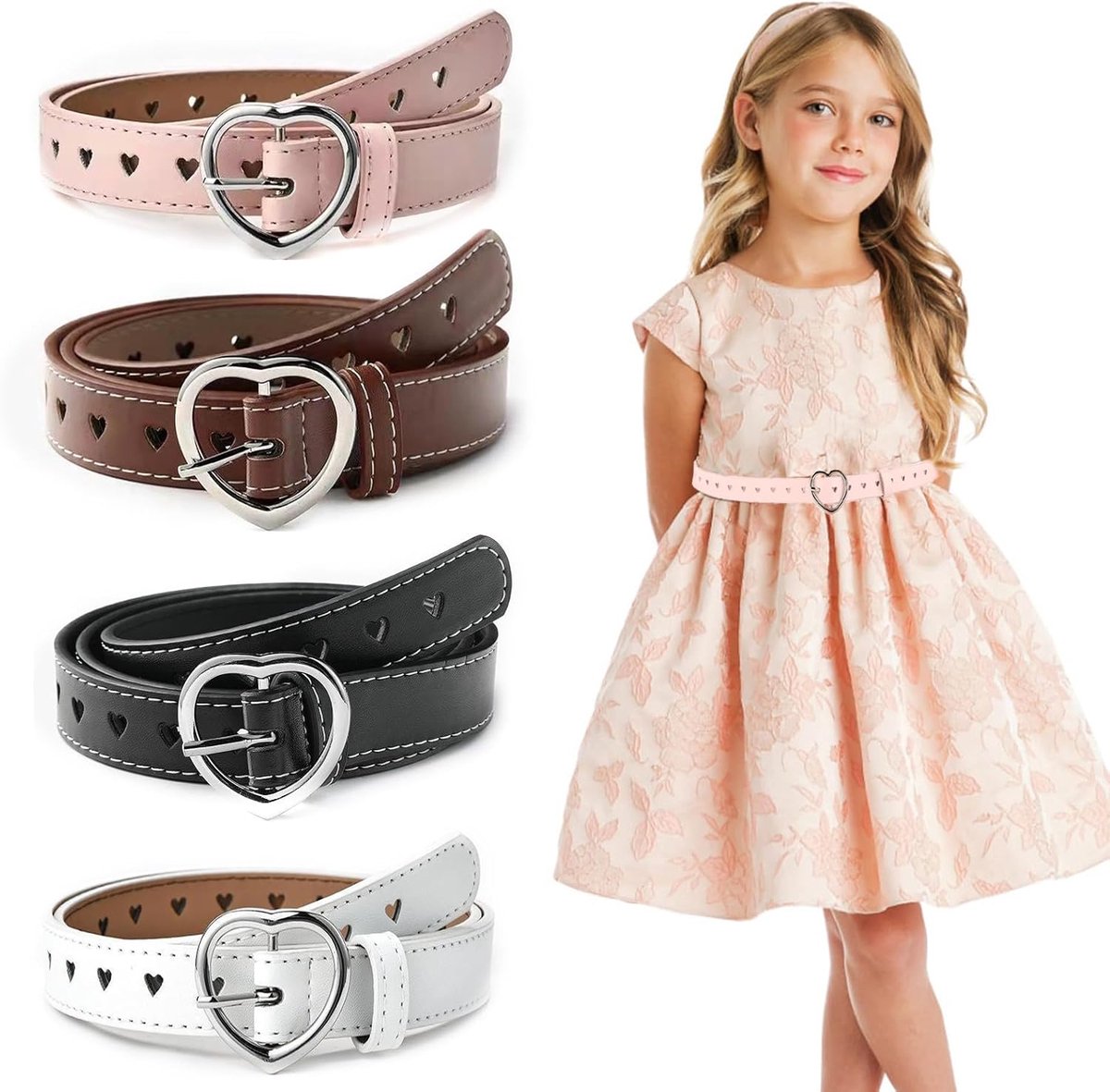 4 Pieces Children's Belts Girls Adjustable Straps Kids PU Elastic Belt Heart Buckle Waist Belt Stretch Belt for - ShopVlot