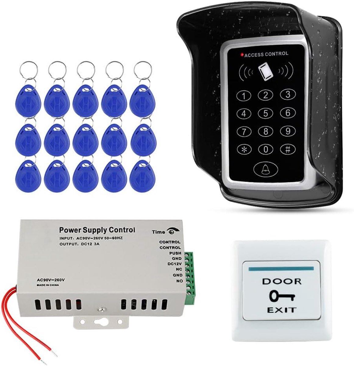 Waterproof Door Access Control Set RFID Keyboard 125KHz + Power Supply DC12V 3A + Waterproof Cover + 15pcs Key Chains - ShopVlot