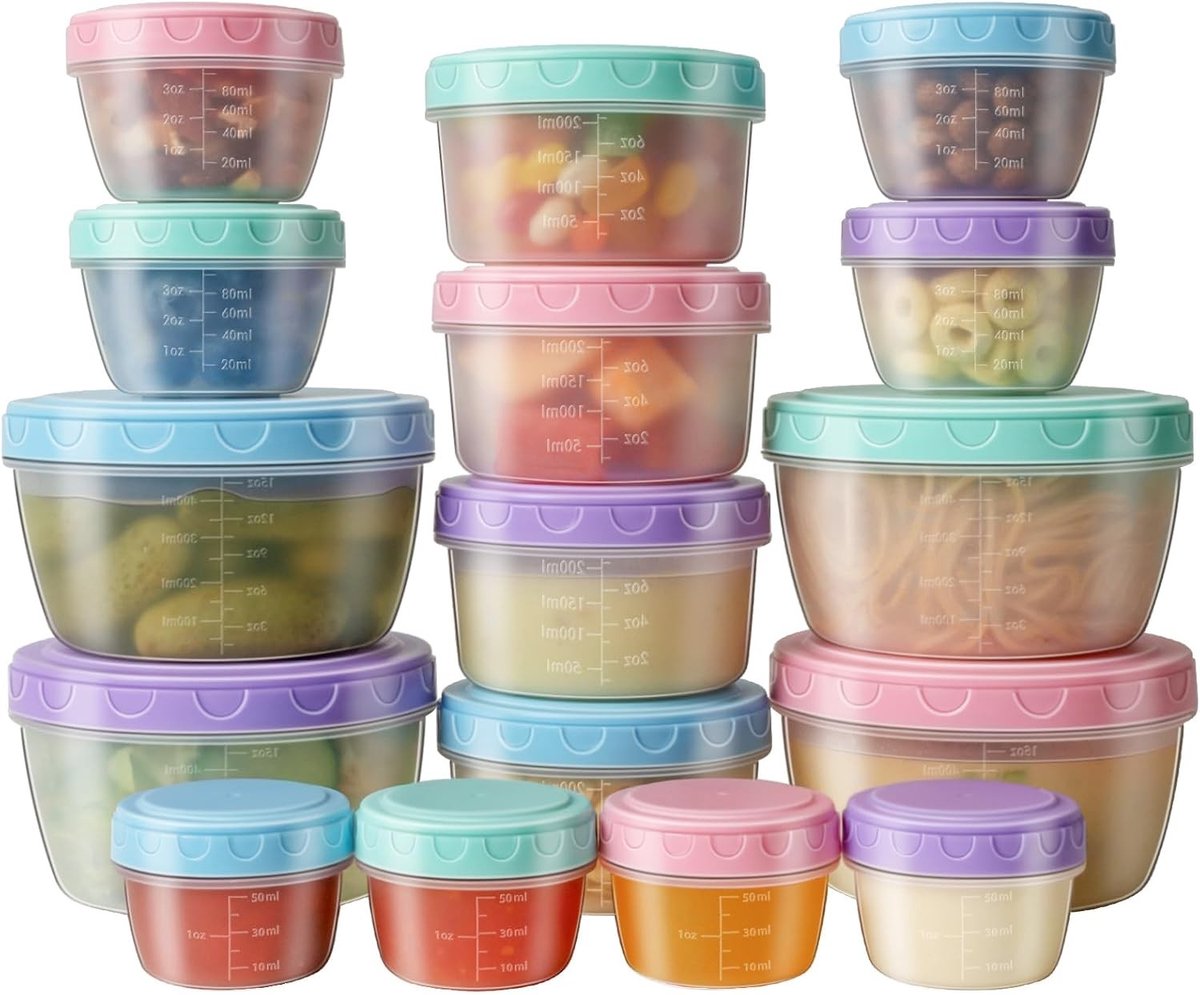 Set van 16 Vriezercontainers, 4 Maten, Luchtdicht en Herbruikbaar, Ideaal voor Snacks en Sauzen, BPA-vrij en Stapelbaar met Schaalmarkering