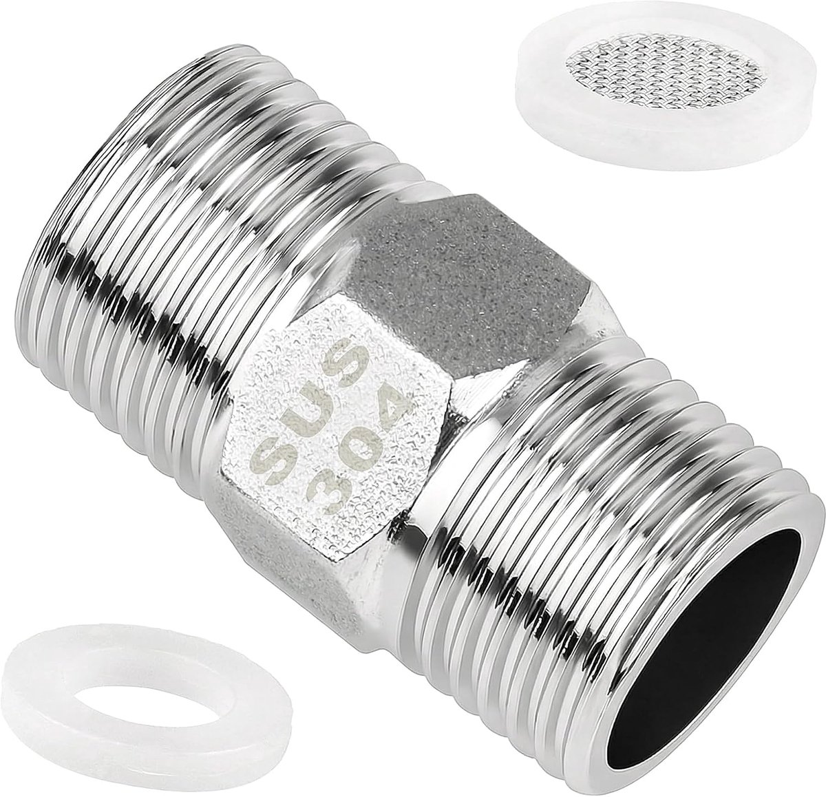 1/2 inch stainless steel adapter set with male thread, includes 1 double nipple connector, 1 white filter and 1 rubber - ShopVlot