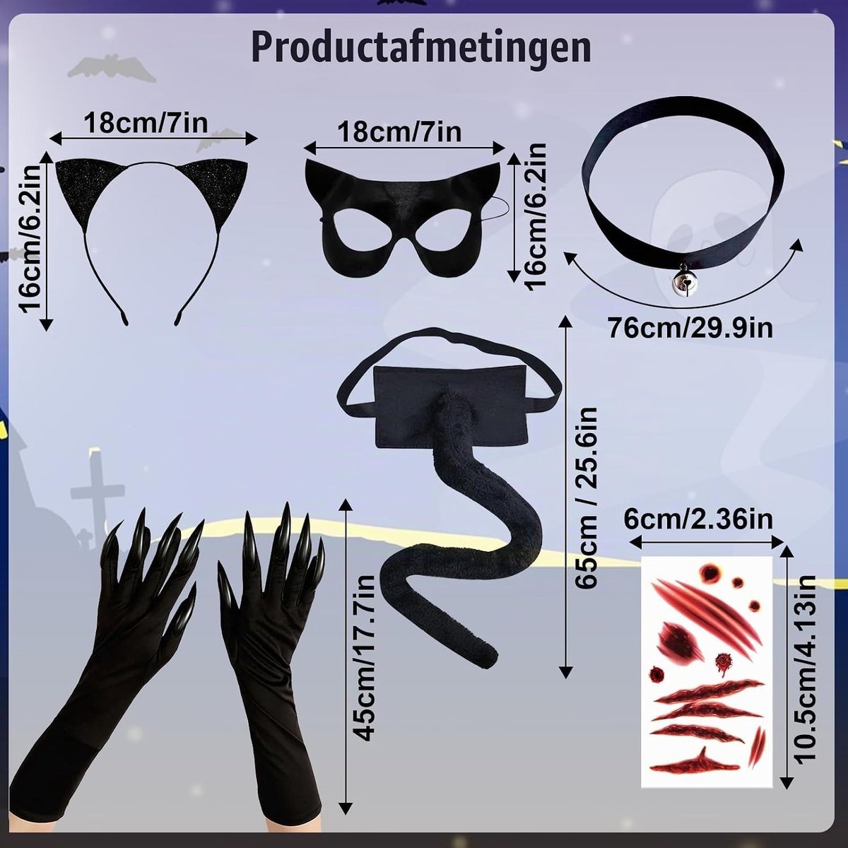 Zesdelige kattenkostuumset voor vrouwen, zwart kattenkostuum voor volwassenen, Catwoman accessoires voor Halloween, carnaval en cosplay feestjes