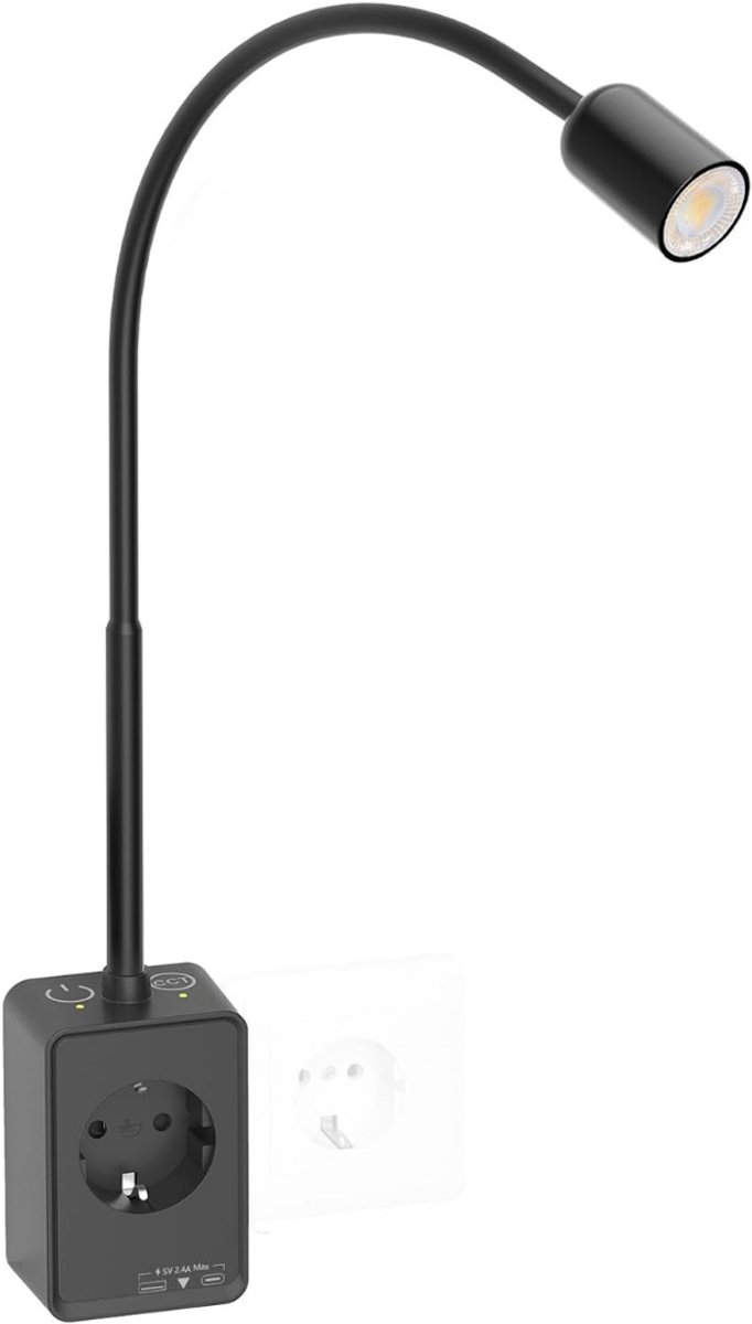 Levo® Nachtlampje - Wandlamp - Leeslamp - met Stopcontact - LED - Zwart - 8cm x 7cm x 50cm