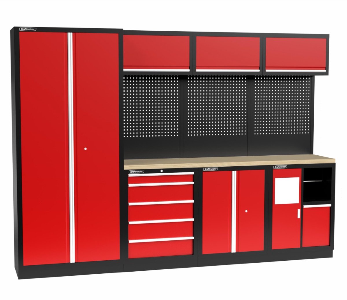 Kraftmeister werkplaatsinrichting - Werkbank met 3 wandkasten, 1 werkplaatskast, 1 opbergkast, 1 prullenbak en multiplex werkblad - Werktafel met 5 laden en gereedschapswand - Complete set voor werkplaats of garage - Rood