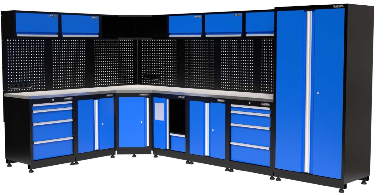 Kraftmeister werkplaatsinrichting - Werkbank met 6 wandkasten, 1 werkplaatskast, 3 opbergkasten, 1 prullenbak en RVS werkblad - Werktafel met 8 laden en gereedschapswand - Complete set voor werkplaats of garage - Blauw