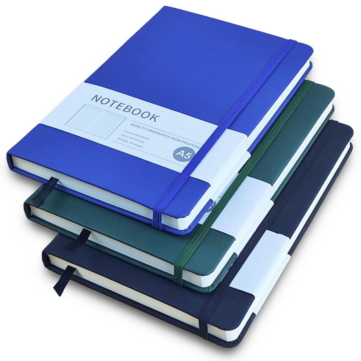 SnelShoppen - A5 Notebook Set van 3 - Hardcover Journal Notebooks met 200 Gelijnde Pagina's - Faux Leather Cover - Elastische Sluiting - Ideaal voor S