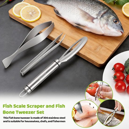 Visverwijderaars Set van 3 - Visontschubber en Gratenpincet - Roestvrij Staal - Voor het verwijderen van visschubben - Schoonmaaier voor zalm en forel van Merkloos — afbeelding 2
