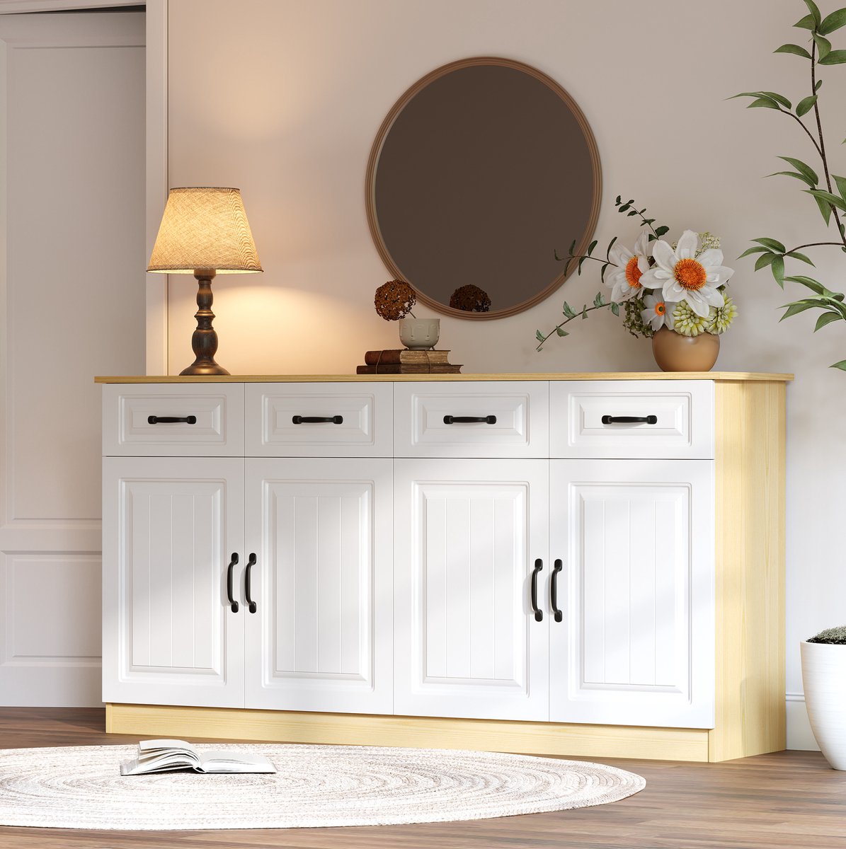 WUVRIE Dressoir 160x35x80 cm - 4 lades en 4 deuren - Wit/naturel